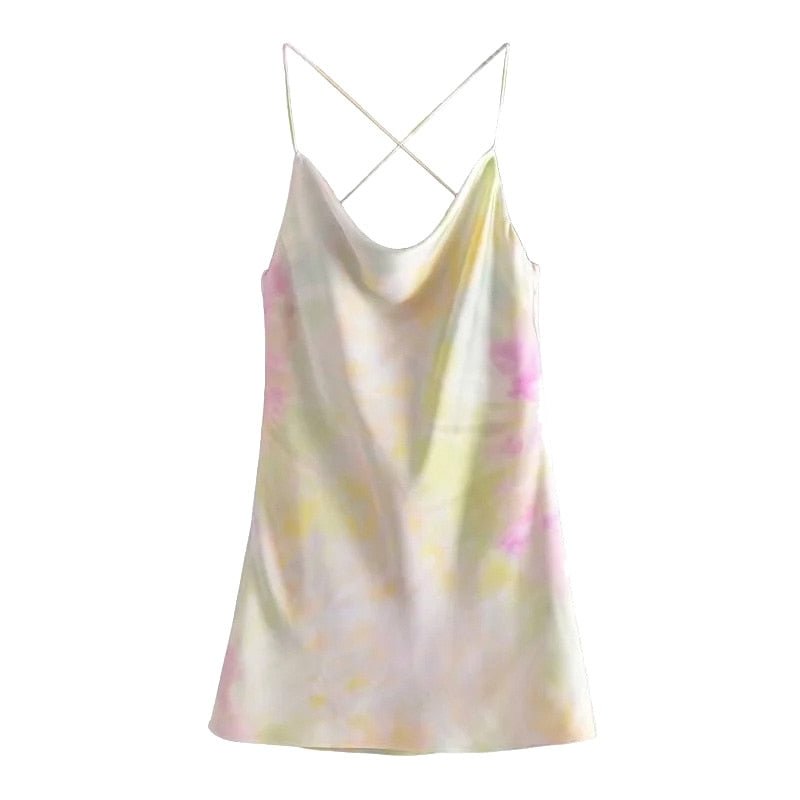 TRAF Women Chic Fashion With Lining Printed Cozy Mini Dress Vintage Backless Cross Thin Straps Female Dresses Mujer