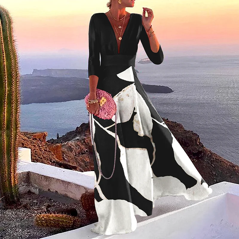 Fashion Contrast Print Swing Maxi Dress