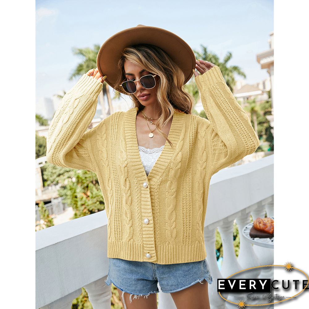 Solid Yellow Button Cable V Neck Cardigan