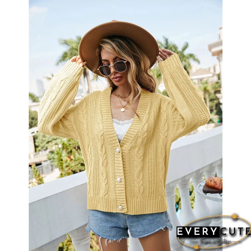 Solid Yellow Button Cable V Neck Cardigan