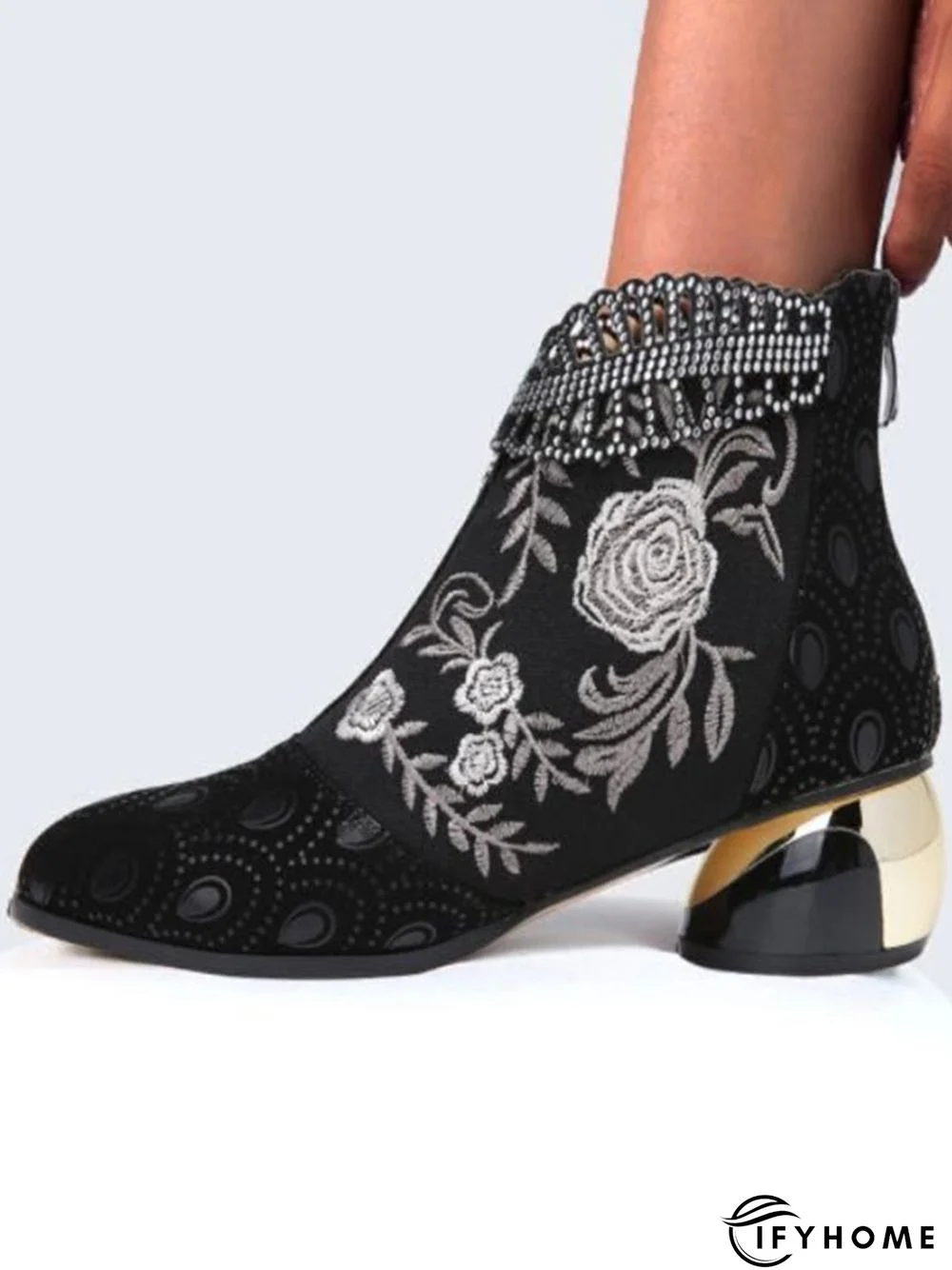 Retro Ethnic Embroidered Rhinestone Chunky Heel Zipper Boots | IFYHOME