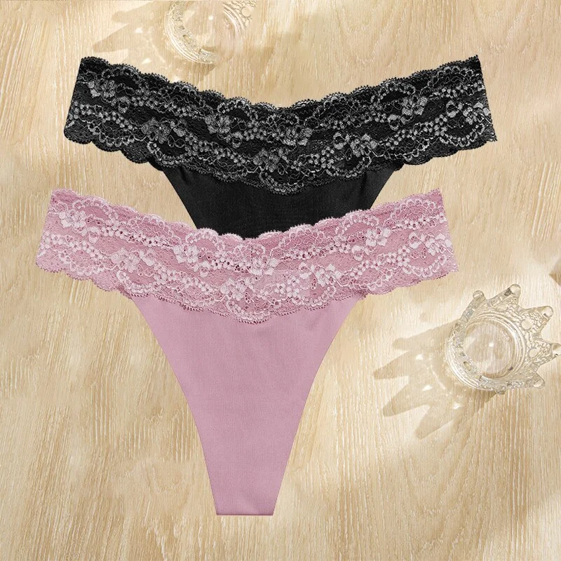 FINETOO 2PCS/Set Gstring Seamless Women Lace Pantys Girls Thongs S-L Fashion Sexy Underwear For Woman Lingerie Floral Panties