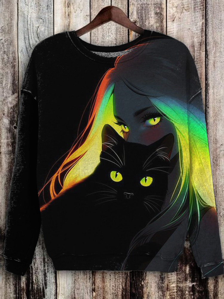 Women's A Beautiful Woman Holding A Black Cat Print Sweatshirt
