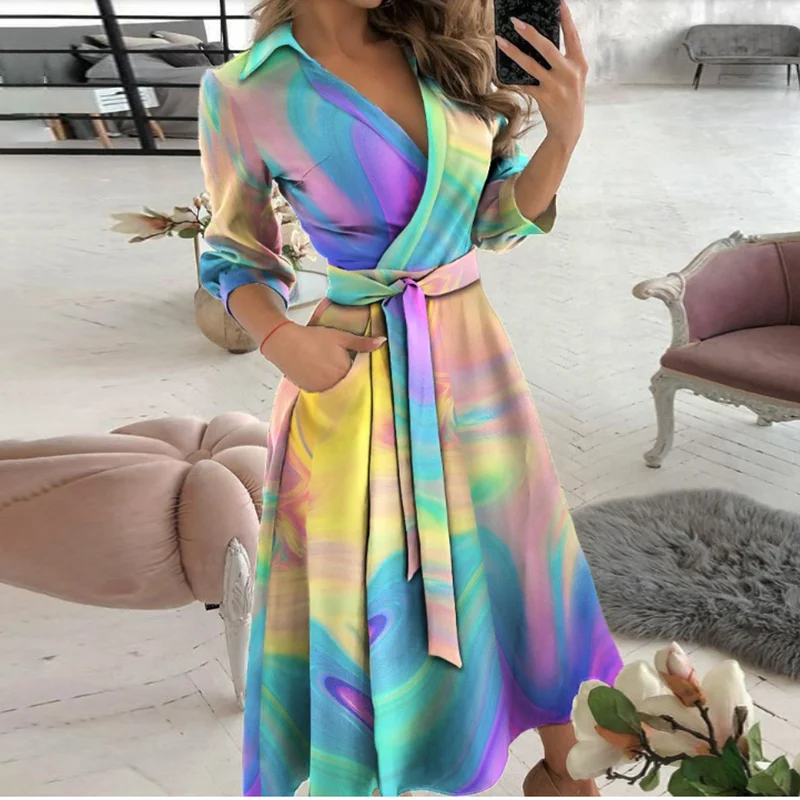V-Neck Long-Sleeve Lace-Up Ombre Midi Dress