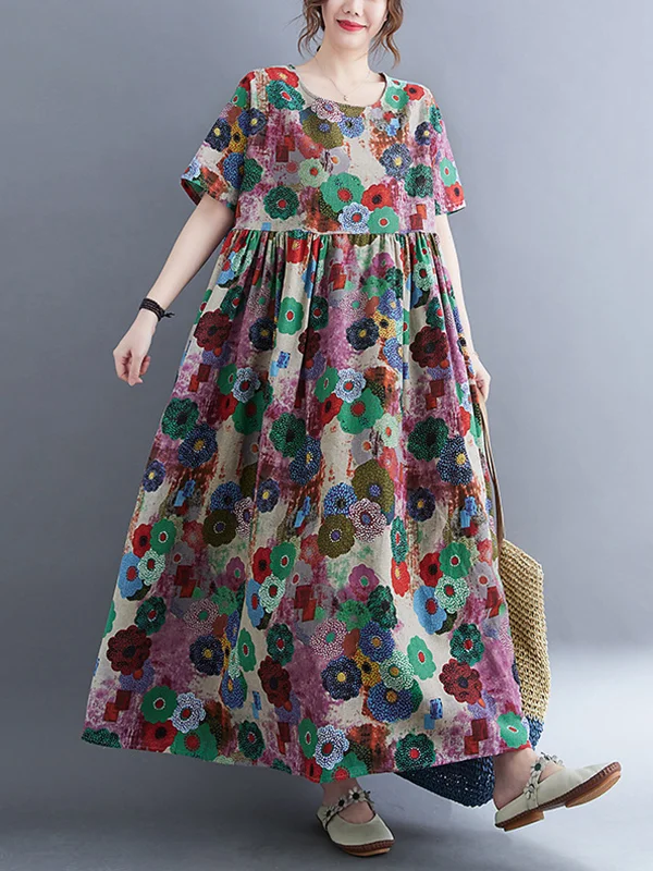 Vintage Loose Floral Printed Midi Dress with Multicolored Charm