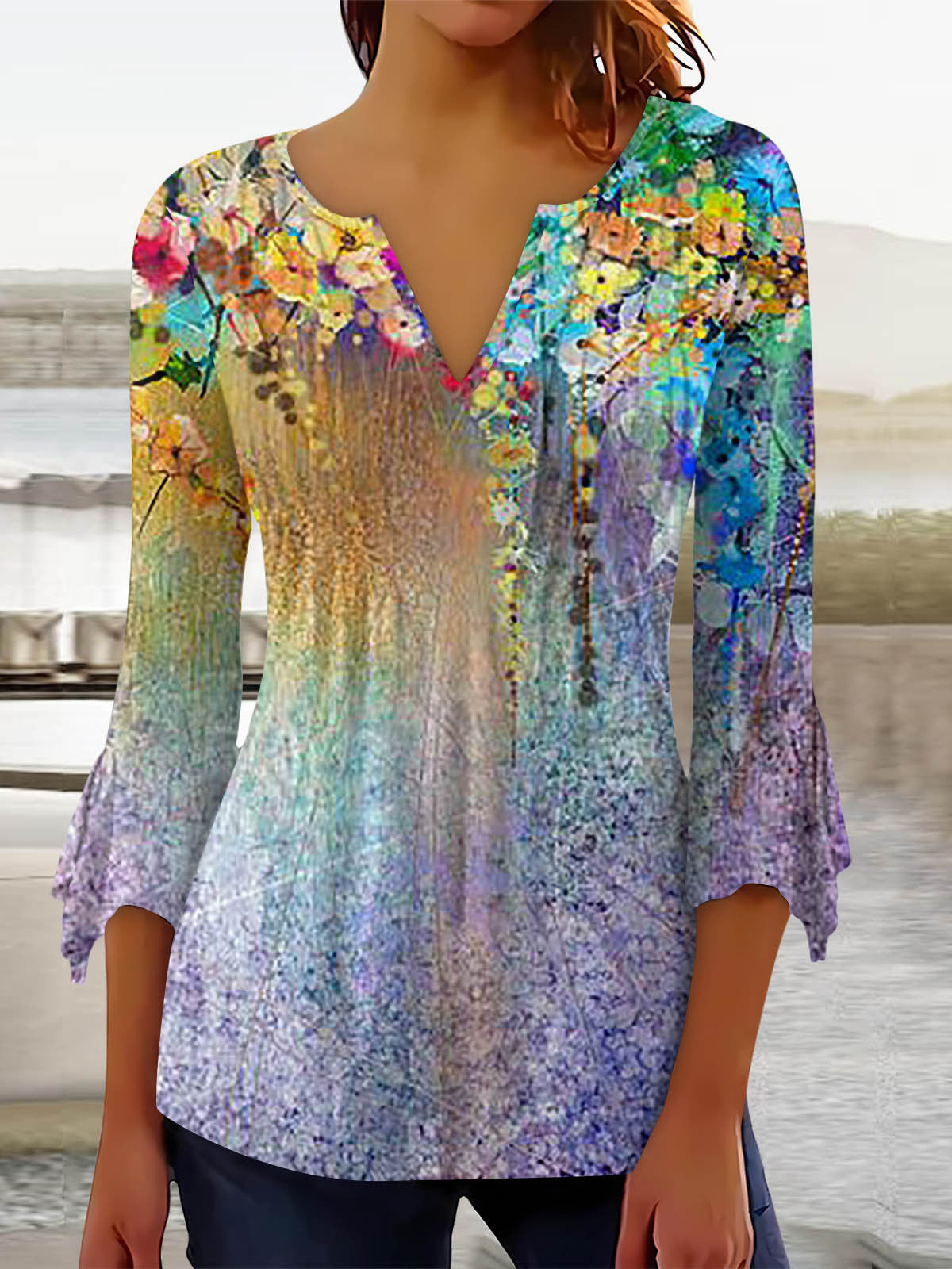Women Long Sleeve V-neck Graphic Floral Printed Top