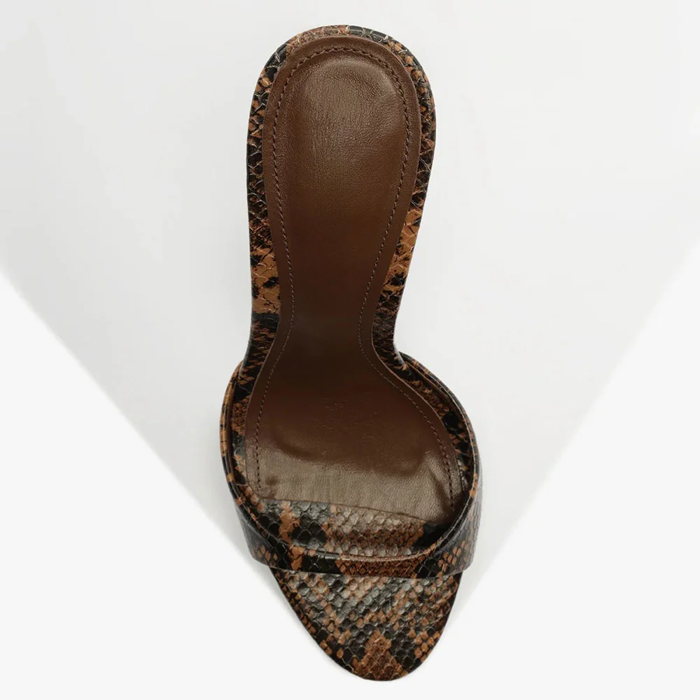 Brown & Black Open Round Toe Snake Print Slip On Heeled Mules