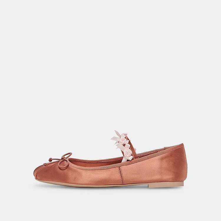 Pink Satin Square Toe Shoes Bow Embellished Ballet Flats with Straps |FSJ Shoes