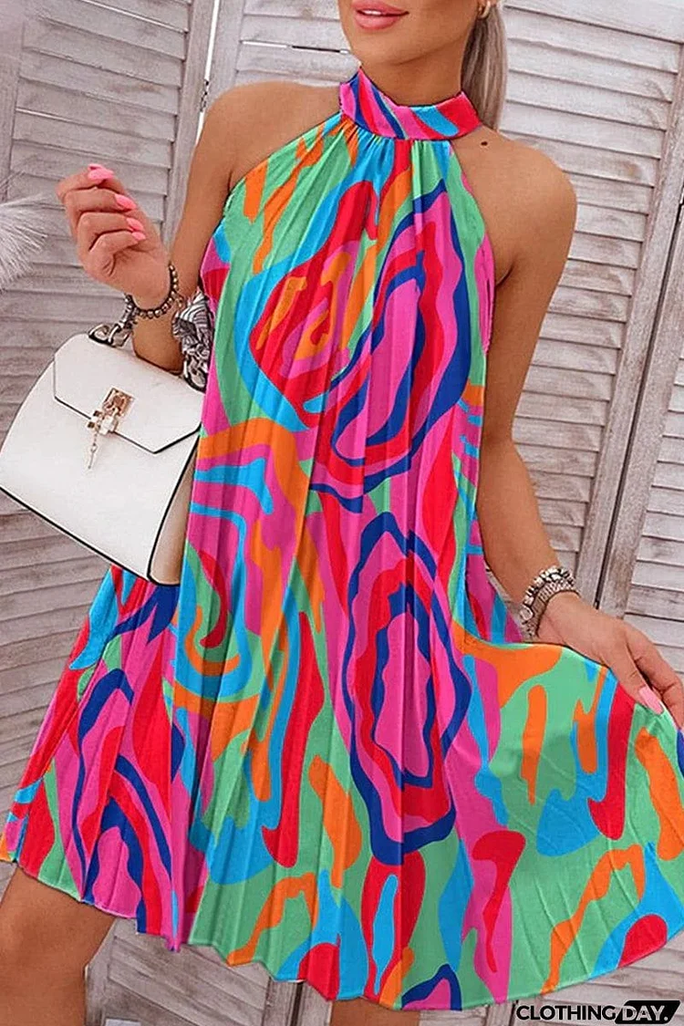 Casual Vacation Print Patchwork Halter One Step Skirt Dresses