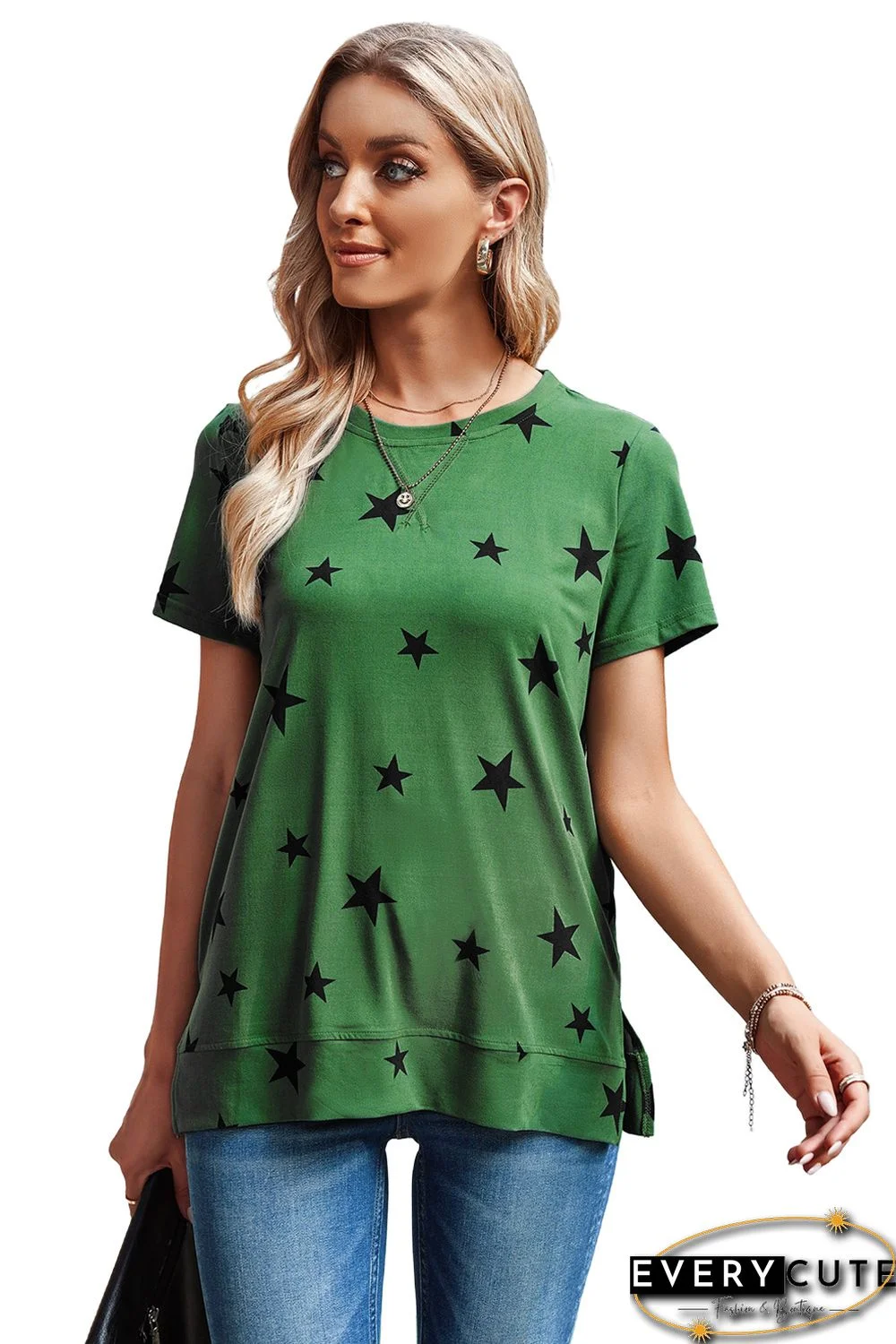 Green Star Print Crew Neck T-shirt