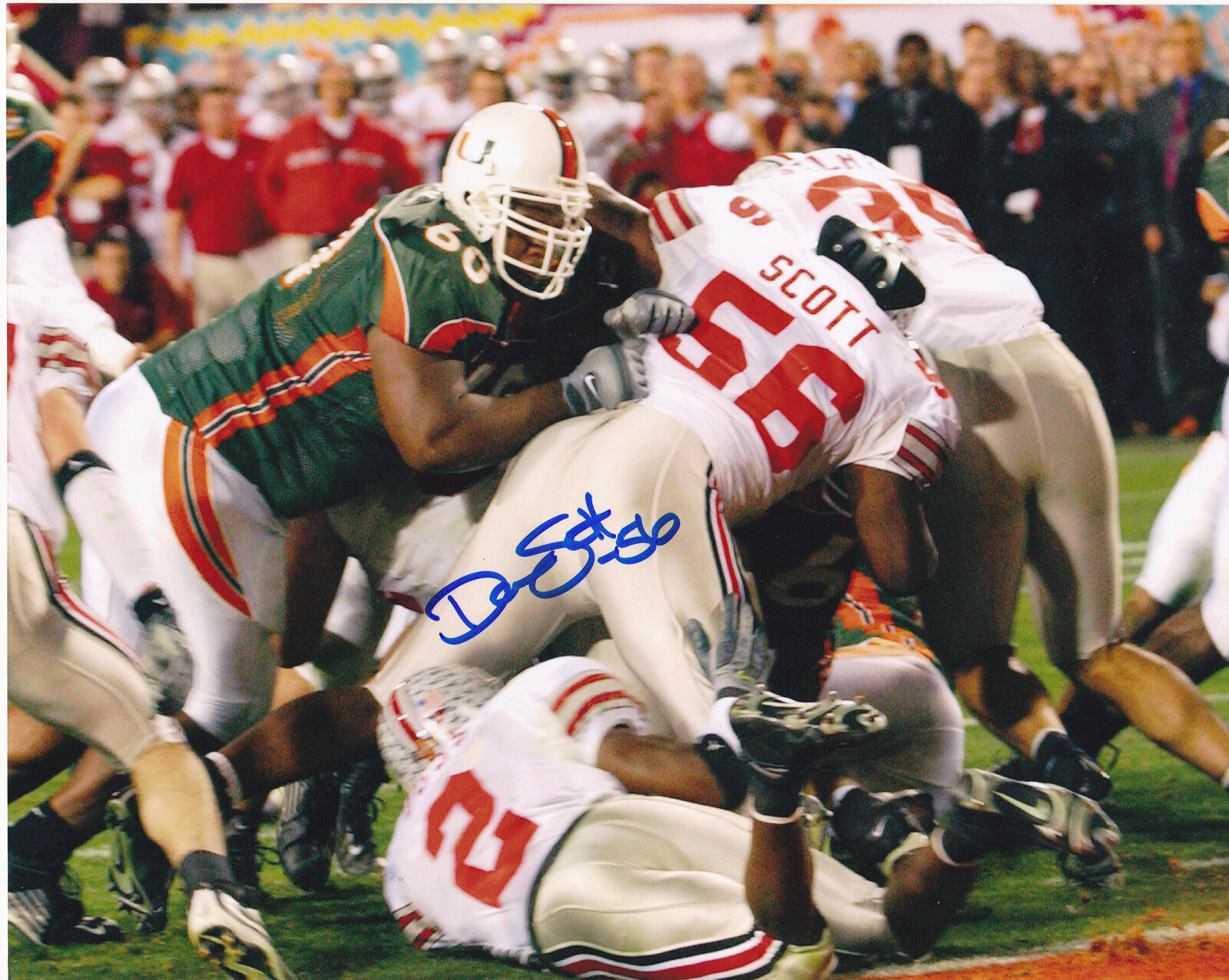 DARRION SCOTT OHIO STATE BUCKEYES 2002 NATIONAL CHAMPS ACTION SIGNED 8x10