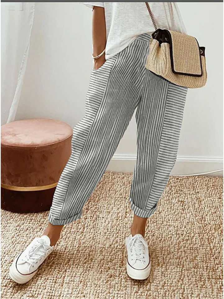 Women's Summer New Woven Jacquard Striped Splicing Casual Pants