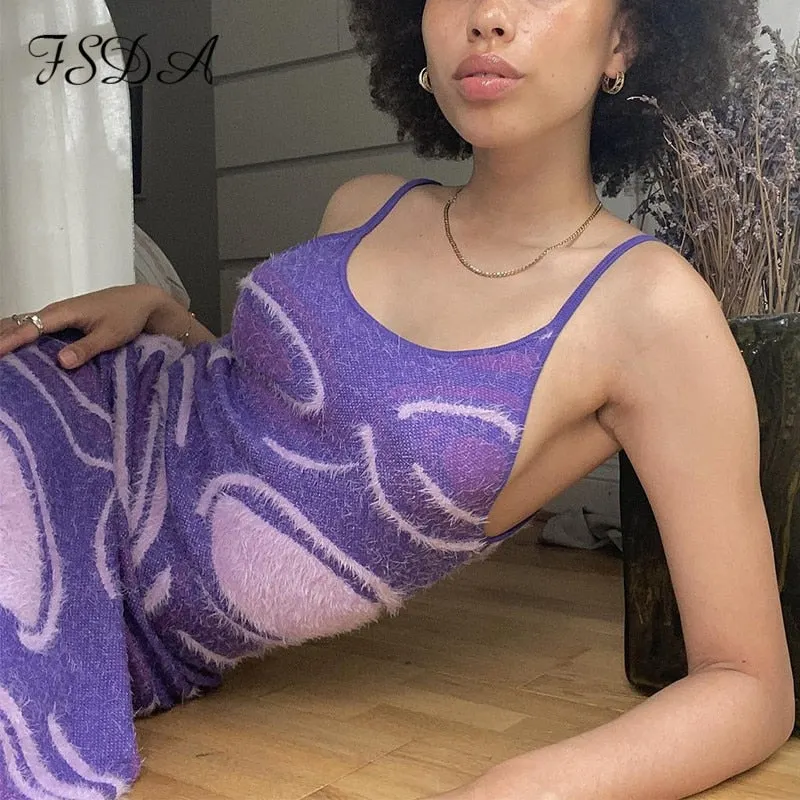 FSDA 2021 Print Knit Bodycon Dress Women Green Summer Hollow Out Sexy Sleeveless Spaghetti Strap Beach Midi Dresses Party