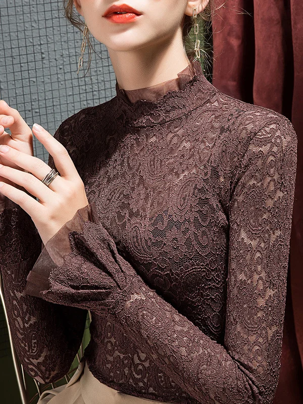 See-Through Solid Color Split-Joint Flared Sleeves Long Sleeves Mock Neck T-Shirts Tops