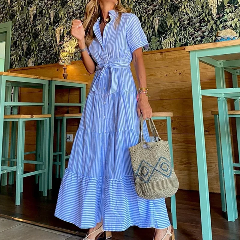 Striped Short Sleeve A Swing Midi Dress