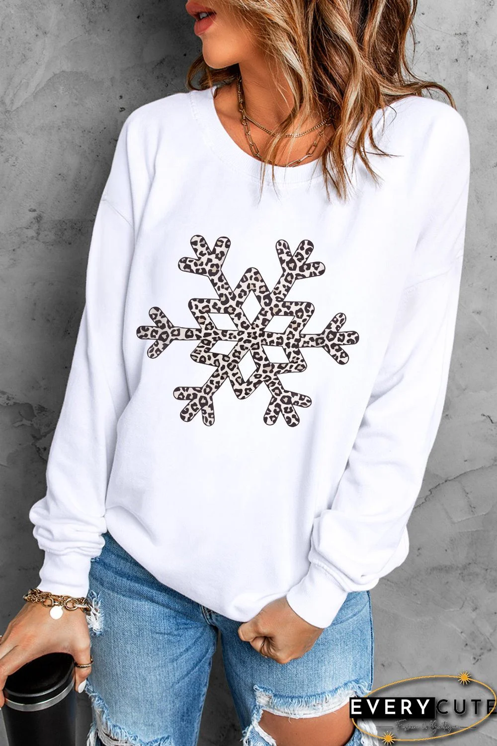 White Leopard Snowflake Pullover Sweatshirt