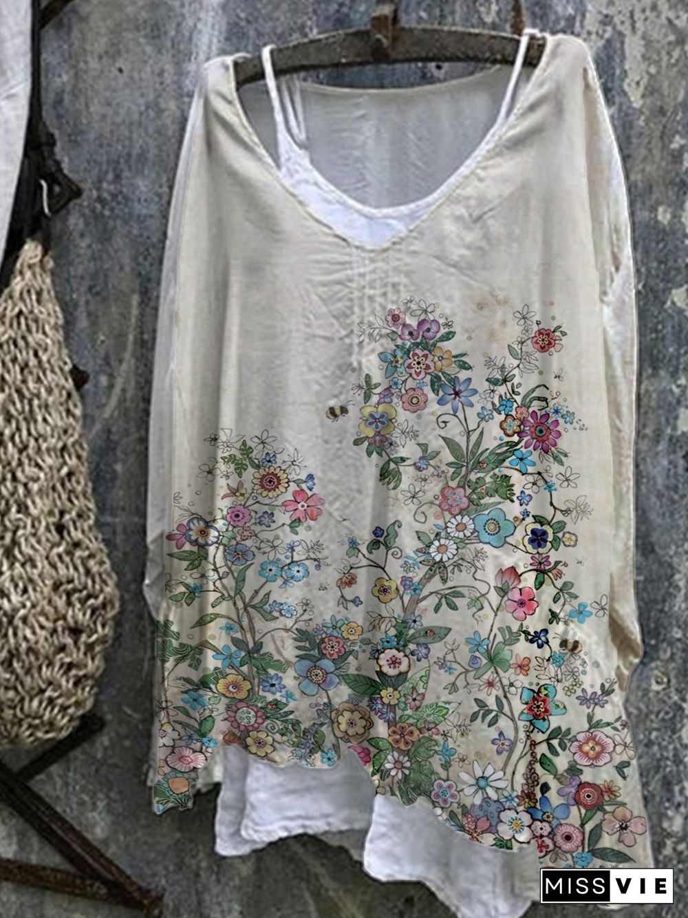 A-Line Floral 3/4 Sleeve Casual Tops
