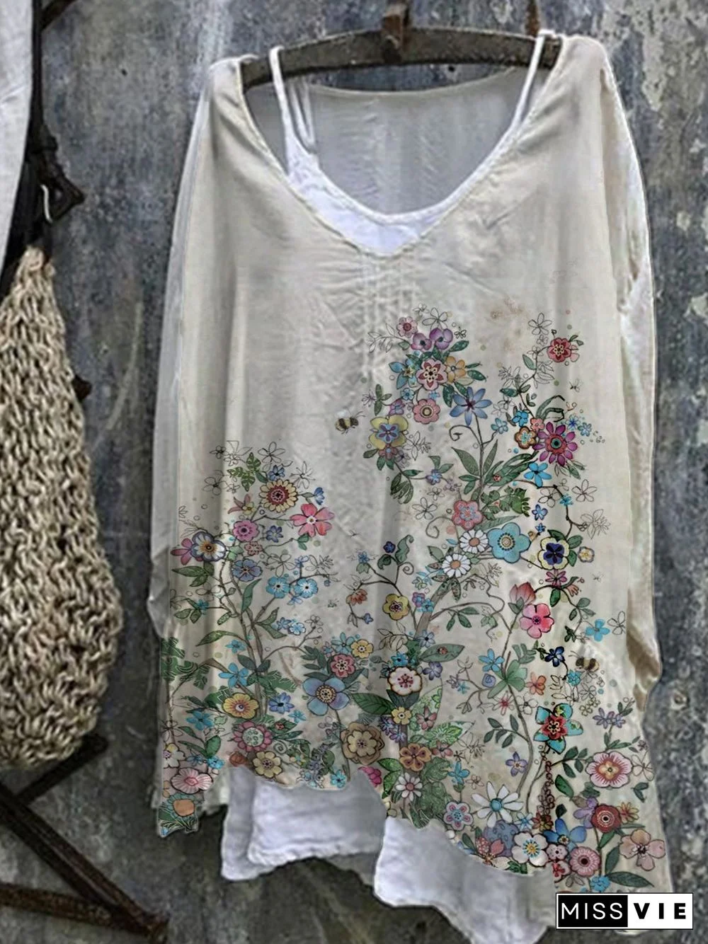 A-Line Floral 3/4 Sleeve Casual Tops