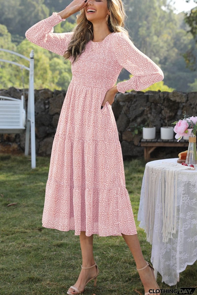 Round Neck Lantern Sleeve Midi Dress