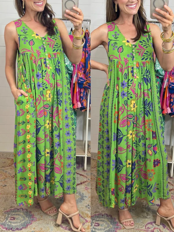 Vintage floral print loose sleeveless jumpsuit