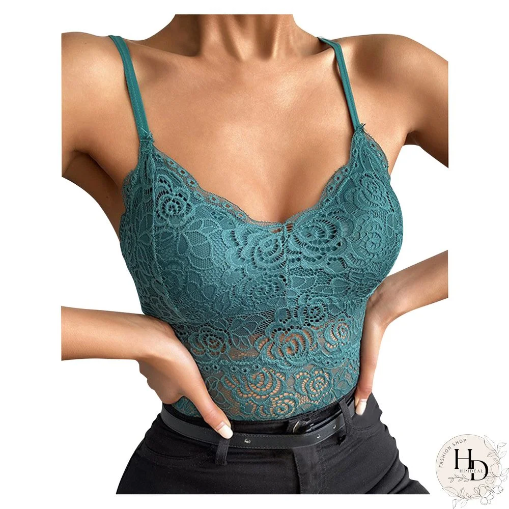 Solid Corset Lace Camis Tops For Women Soft V Neck Tops Hollow Sheer Lace Mesh Camisoles Bralette Spaghetti Strap Vest Female