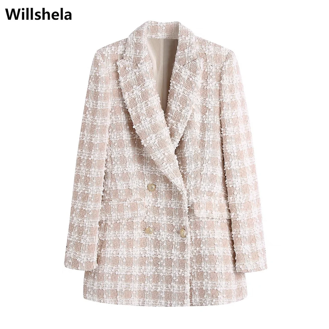 Willshela Women Fashion Tweed Blazer Long Sleeves Double breasted Elegant Office Lady Suit Casual Woman Blazer Suit veste femme