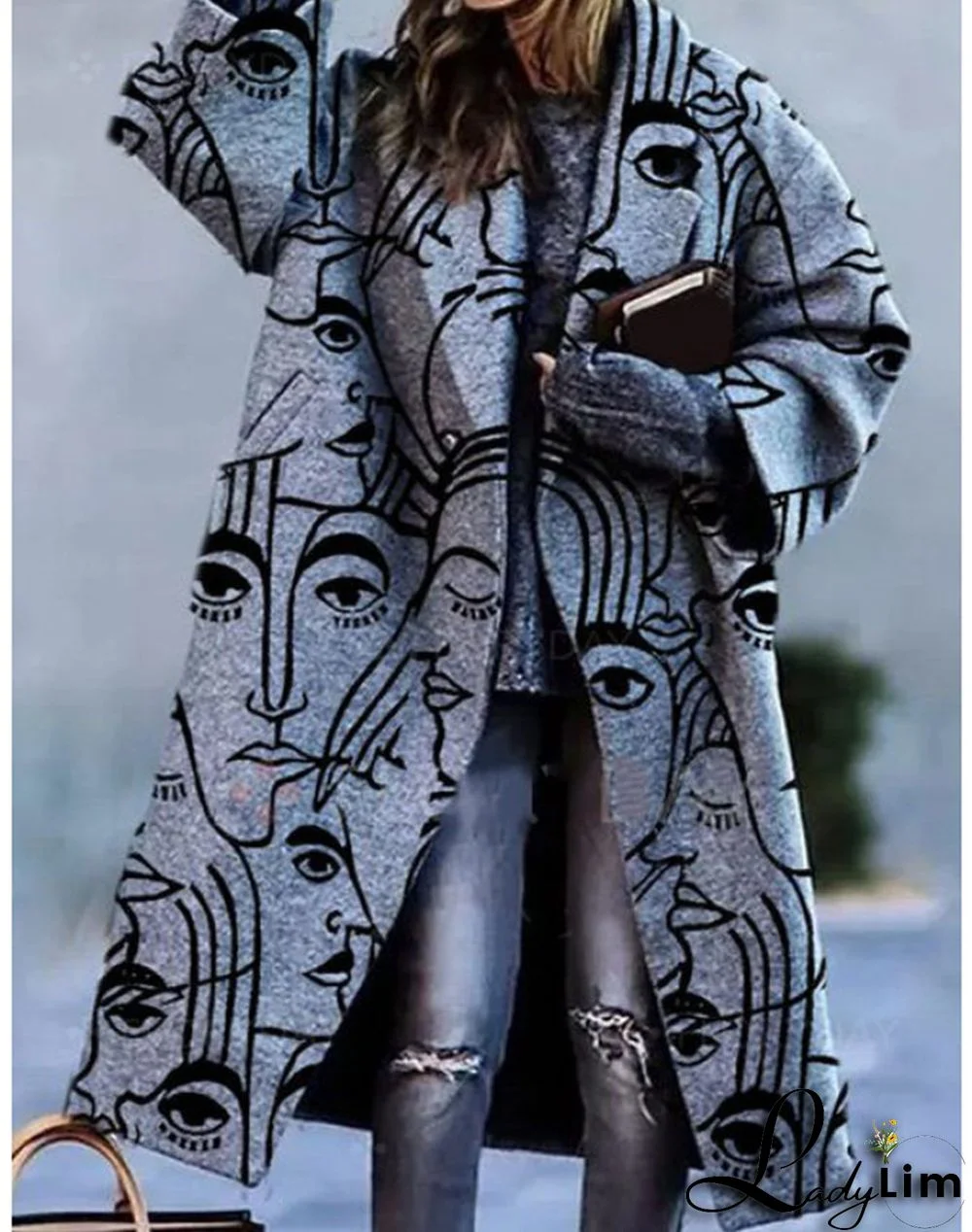 Fall Women's Long Sleeve Turndown Collar Jacket Printed Coat