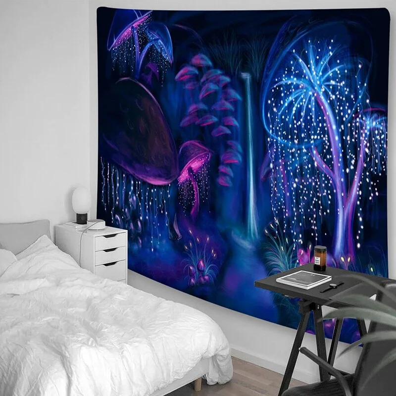 Psychedelic Mushroom Fluorescent Tapestry Hanging Cloth Wall Decor Glow Under Ultraviolet Light Room Aesthetic for Teen Girls