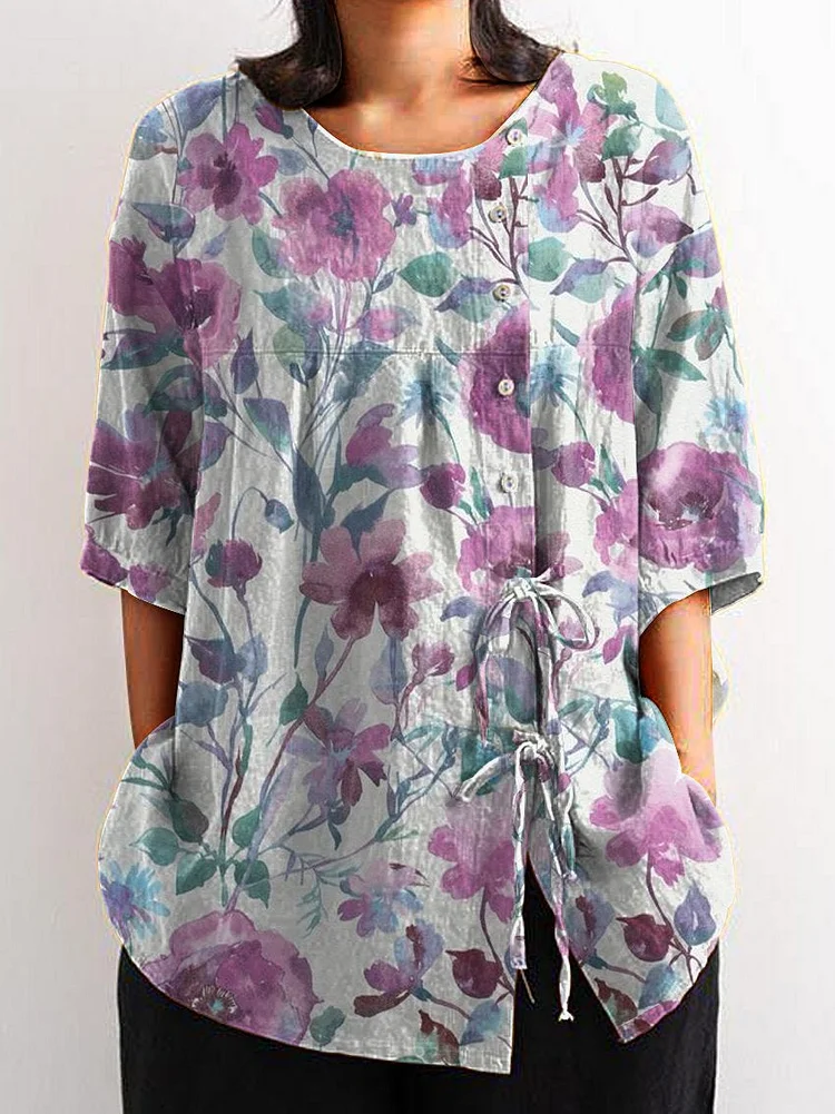 Women's Vintage Watercolor Purple Floral Print Casual Cotton And Linen Shirt