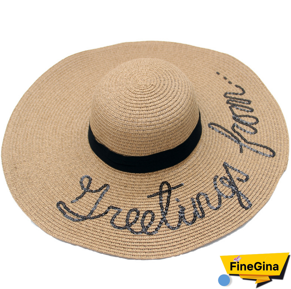 Women Fashion Summer Big Wide Brim Straw Hat  Letter Embroidery Beach Hat