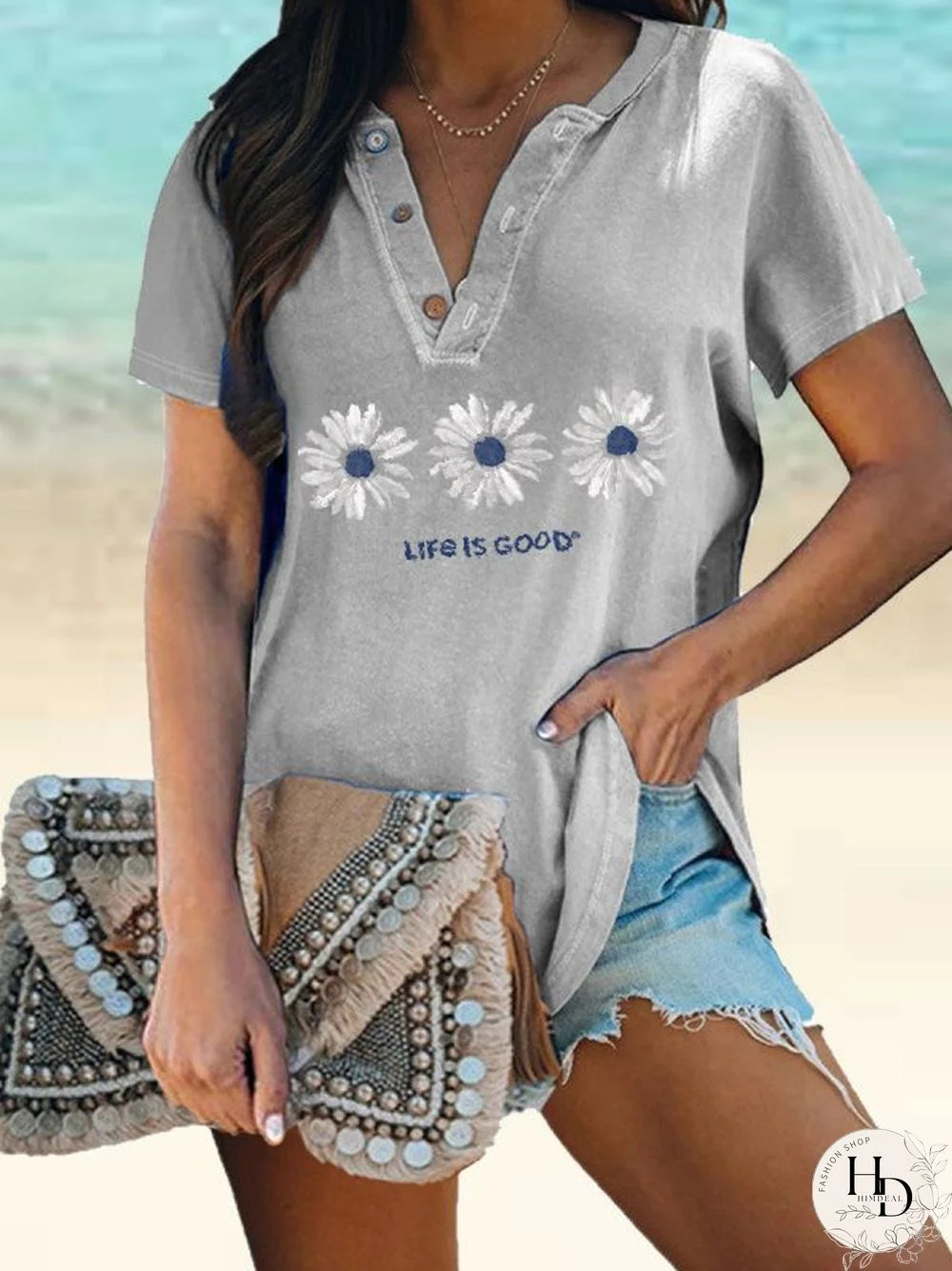 Floral-print V neck Short Sleeve Casual T-shirt