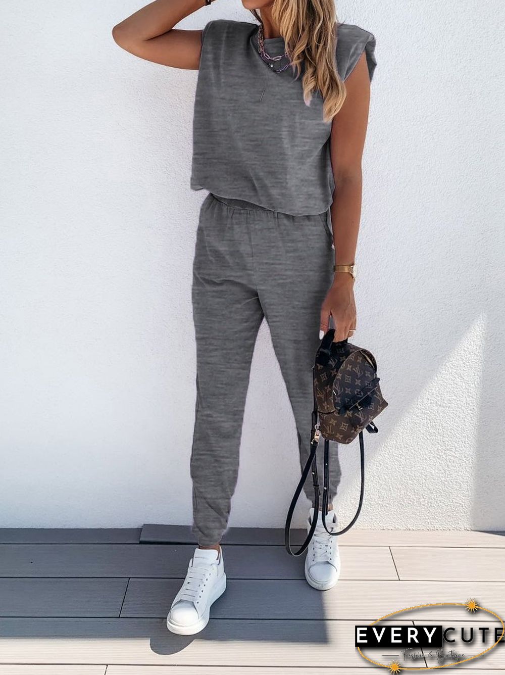 Women'S Sets Solid Sleeveless Padded Tank Top & Pants Two Piece Set