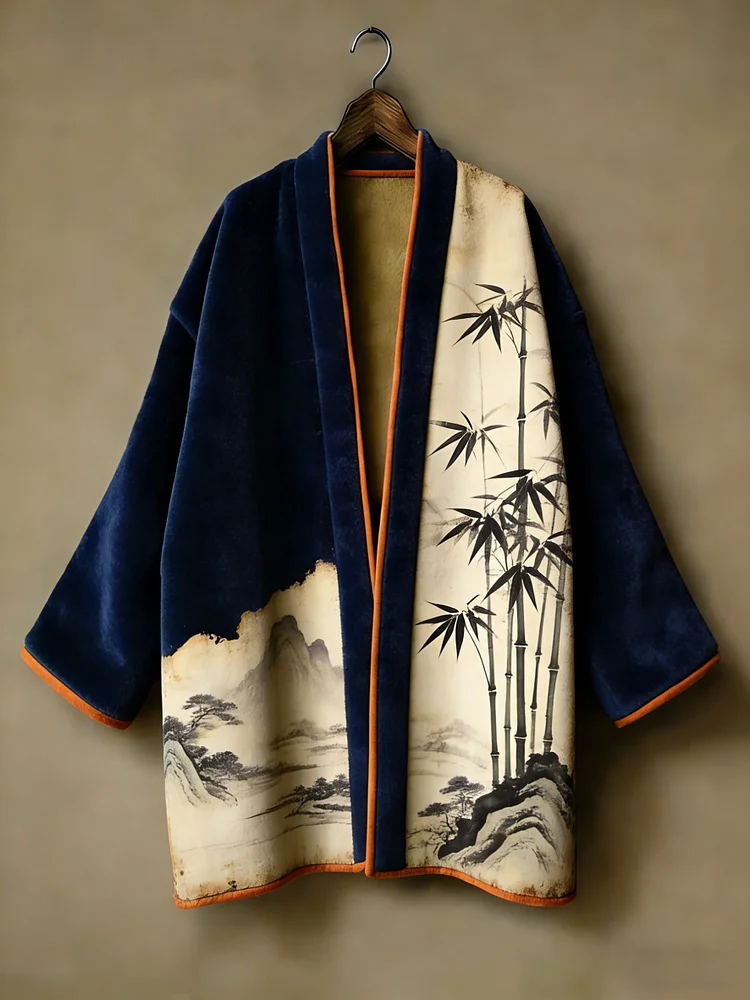 Oriental aesthetic printed flannel embroidered medium and long kimono cardigan