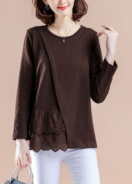 Modern Brown Hollow Out Patchwork Shirt Tops Spring CK2527- Fabulory
