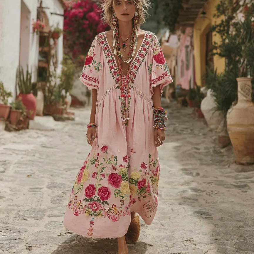Women's Pink Rose Embroidery V-neck Short Sleeve Loose Linen Blend Midi Dress