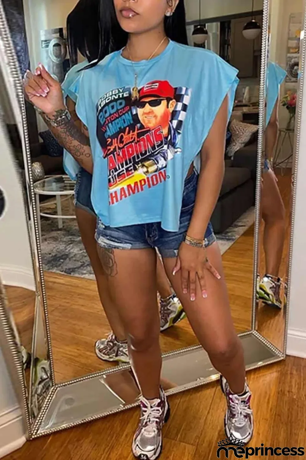 Rose Red Sexy Street Print Patchwork Slit Asymmetrical O Neck T-Shirts