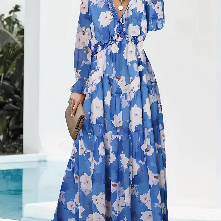 Floral Print Pleated Dress, Vacation V Neck Long Sleeve Maxi Dress, Women's Clothing