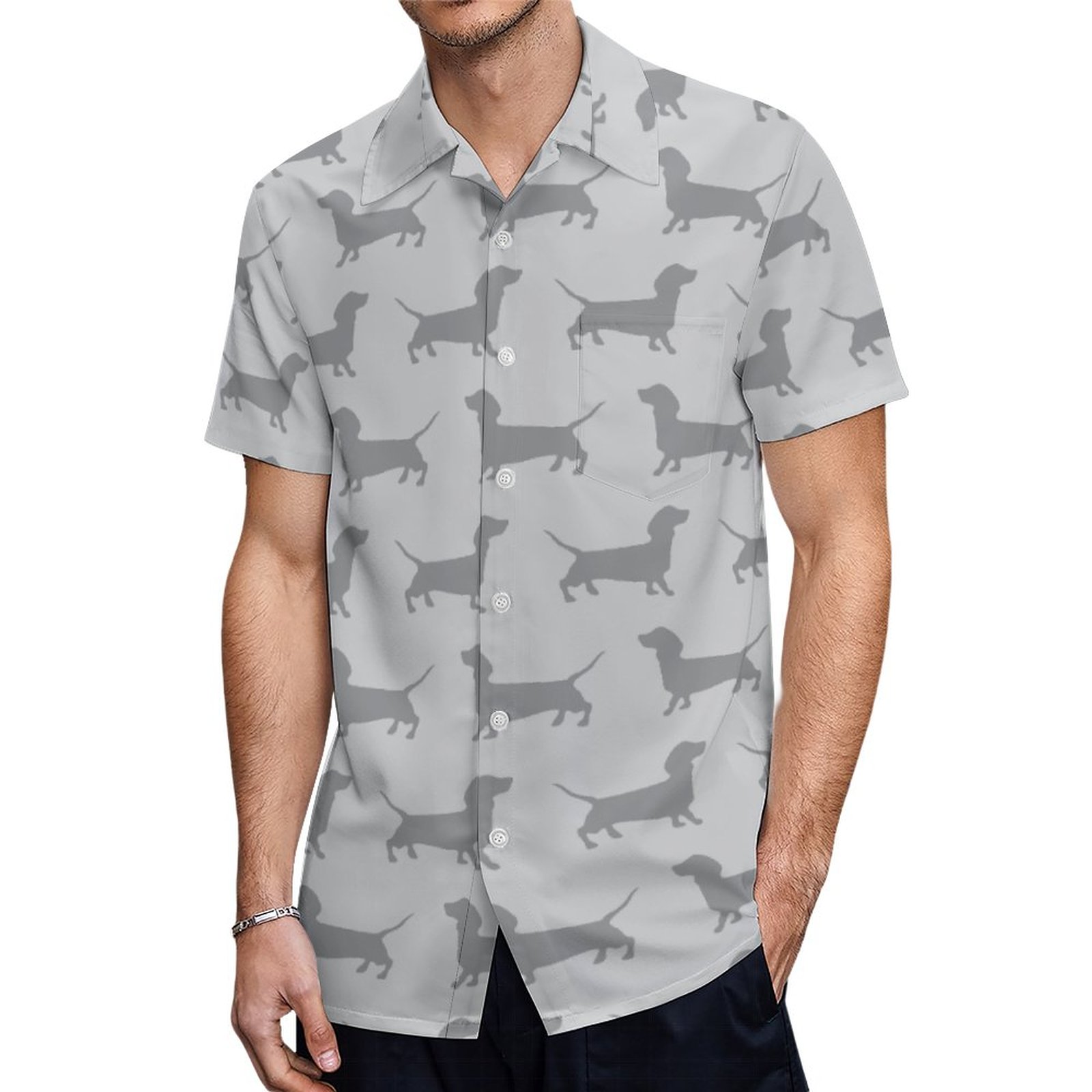 Grey Dachshund Dog | Men's Hawaiian Vacation Aloha Button Down Shirt | Soju Aloha Shirt Guitar Hawaiian Shirt Logo Hawaiian Shirts | Vacation Resort