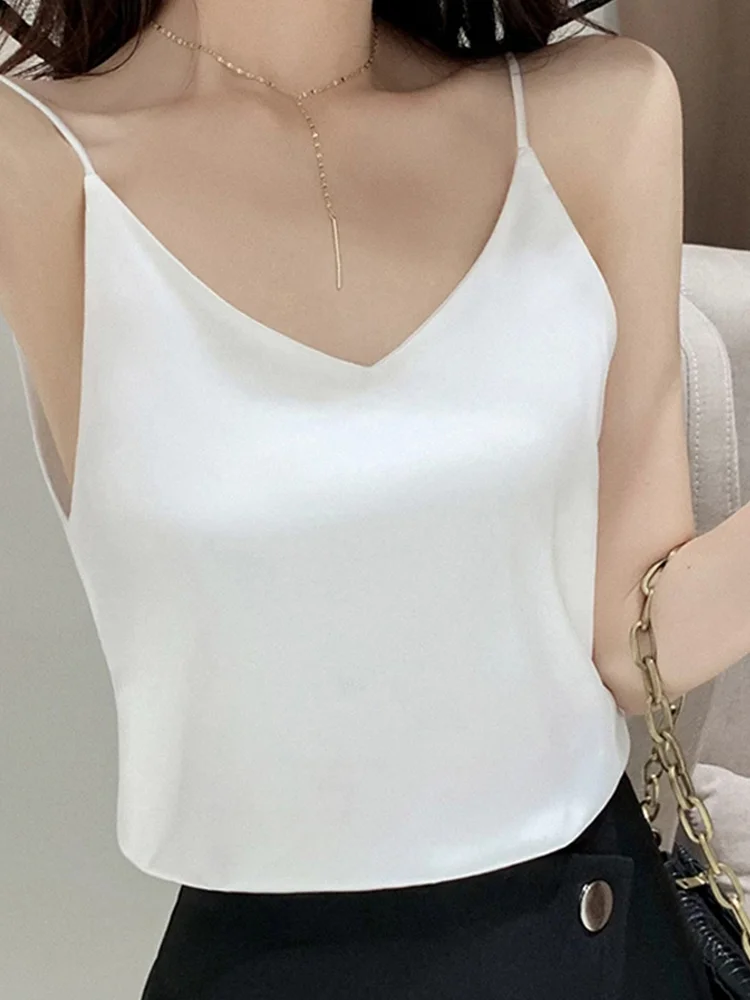 Athvotar V-Neck Sexy Solid Satin Woman Camis Tank Tops Chiffon Sleeveless Camisole Top Halter Camis Tops