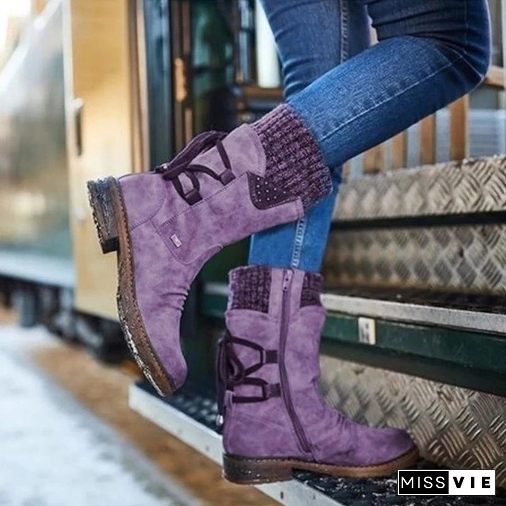 New Fashion Autumn and Winter Womens Boots In The Calf Boots Casual Flat Snow Boots Leather Sweater Bandage Boots Cowgirl Boots Zipper Low Heel Ladies Boots