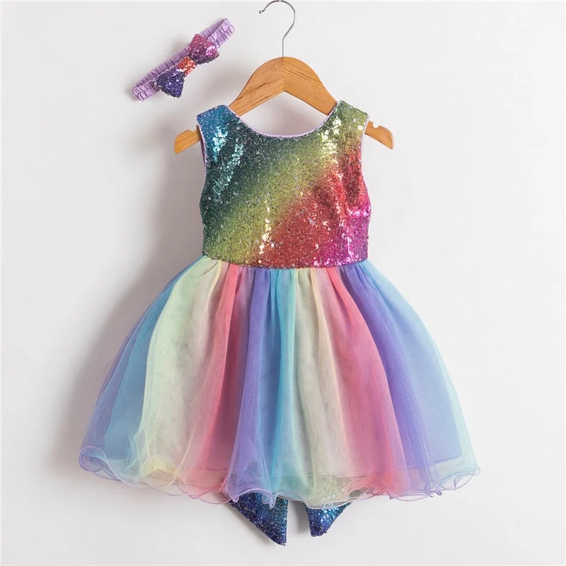 Rainbow Color Princess Party Dress For Girls Big Bowknot 1 Year Old Birthday Costume Luxury Shining Sequined Girl Frocks Dress