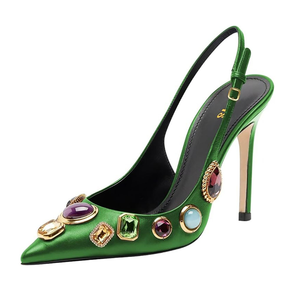 Green Stiletto Heel Rhinestone Decor Pointed Toe Slingback Pumps Nicepairs