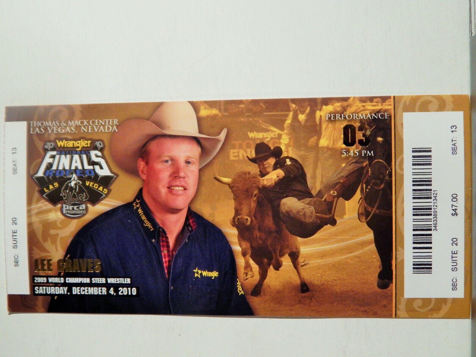 2010 NATIONAL FINALS RODEO LG ORIGINAL USED TICKET LEE GRAVES COLOR Photo Poster painting