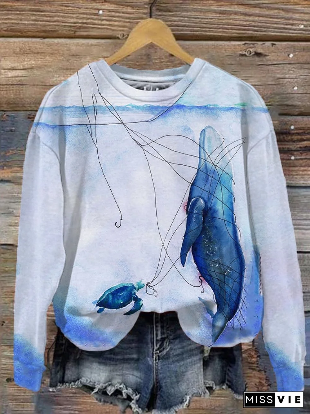 Women's Turtle Save the Whale Print Crewneck Sweatshirt