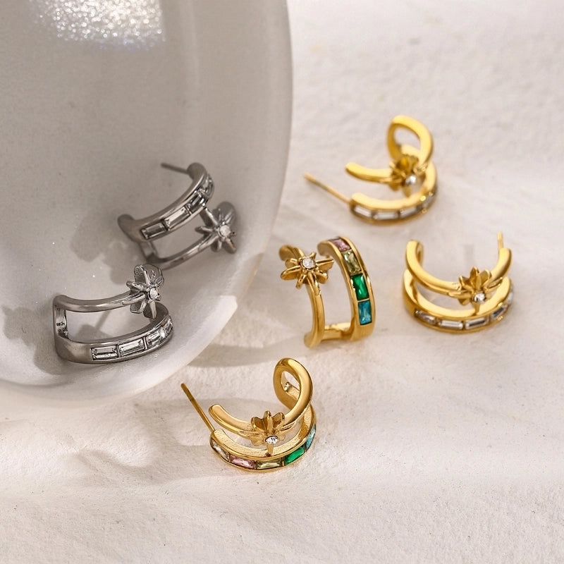 1 Pair IG Style Modern Style Classic Style Geometric Star Solid Color Inlay 316 Stainless Steel  Zircon 18K Gold Plated Ear Studs