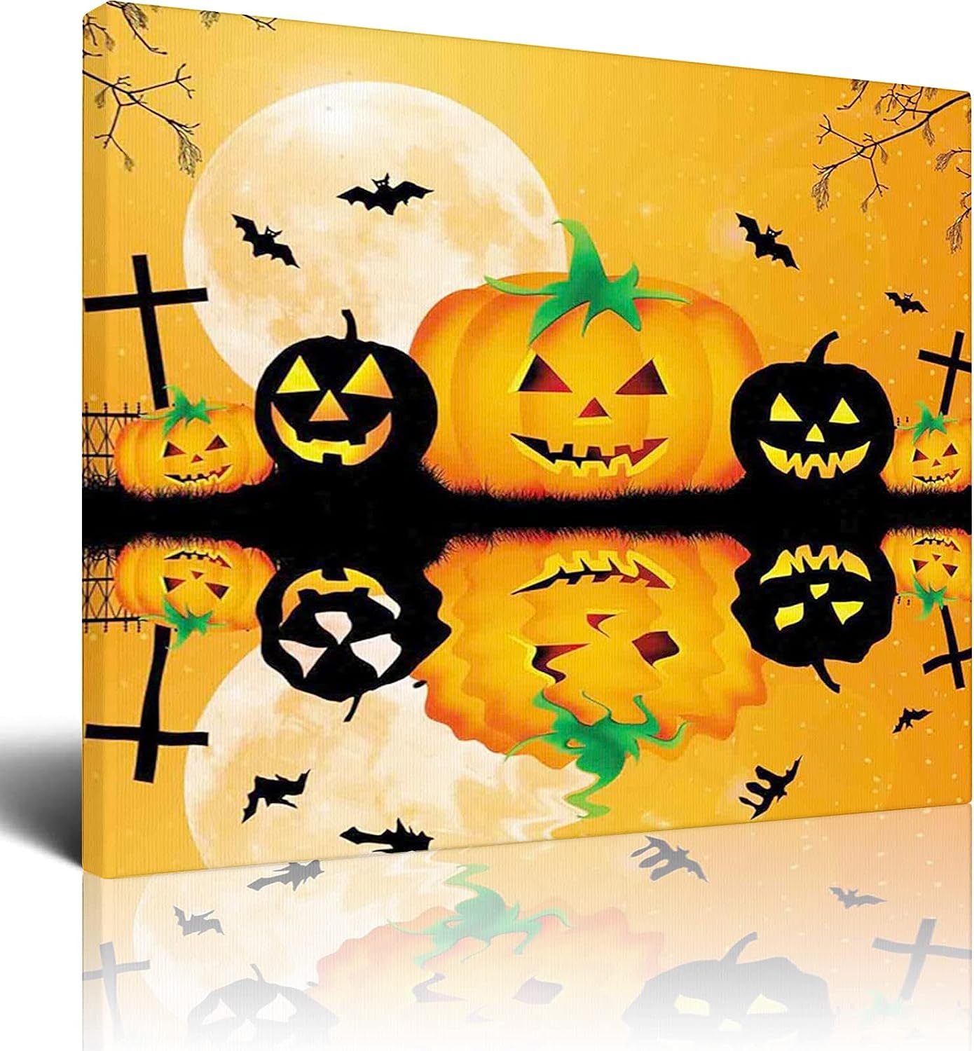 Halloween Canvas Wall Art,Full Moon Bats and Grave Lake October Theme,Canvas Artwork Nature Pictures for Living Room Bedroom Office Wall Decor Home Decoration,Orange Black - 12x16 Inch 12x16 Inch