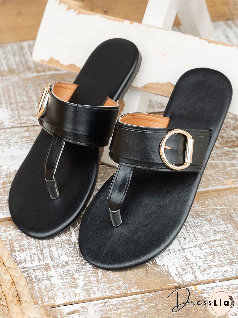 Gold Oversized Buckle Flip-Flops