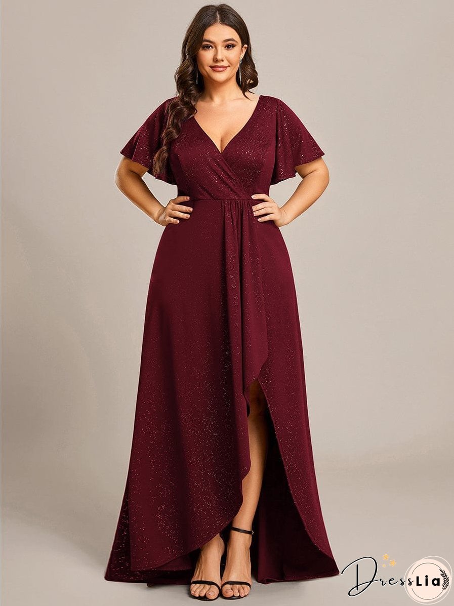 Ruffled Sleeve Tea Length Evening Dress with Side Split