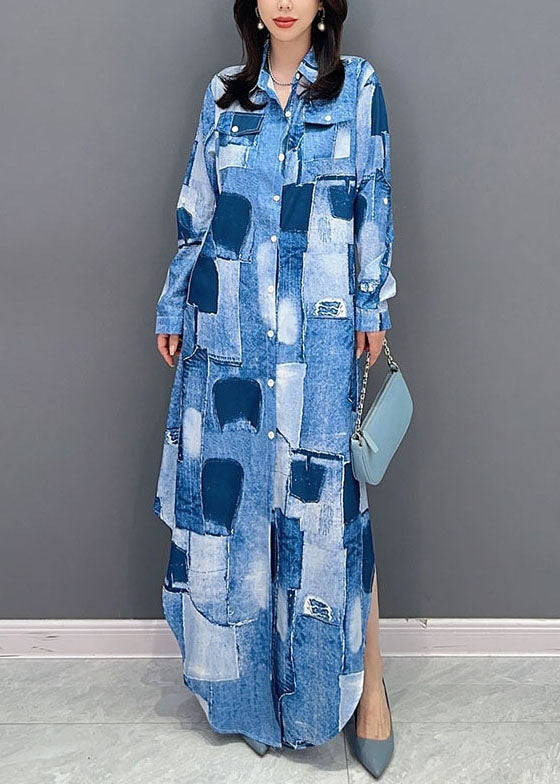 VCSHOES Blue Peter Pan Collar Patchwork Button Long Shirts Dress Long Sleeve