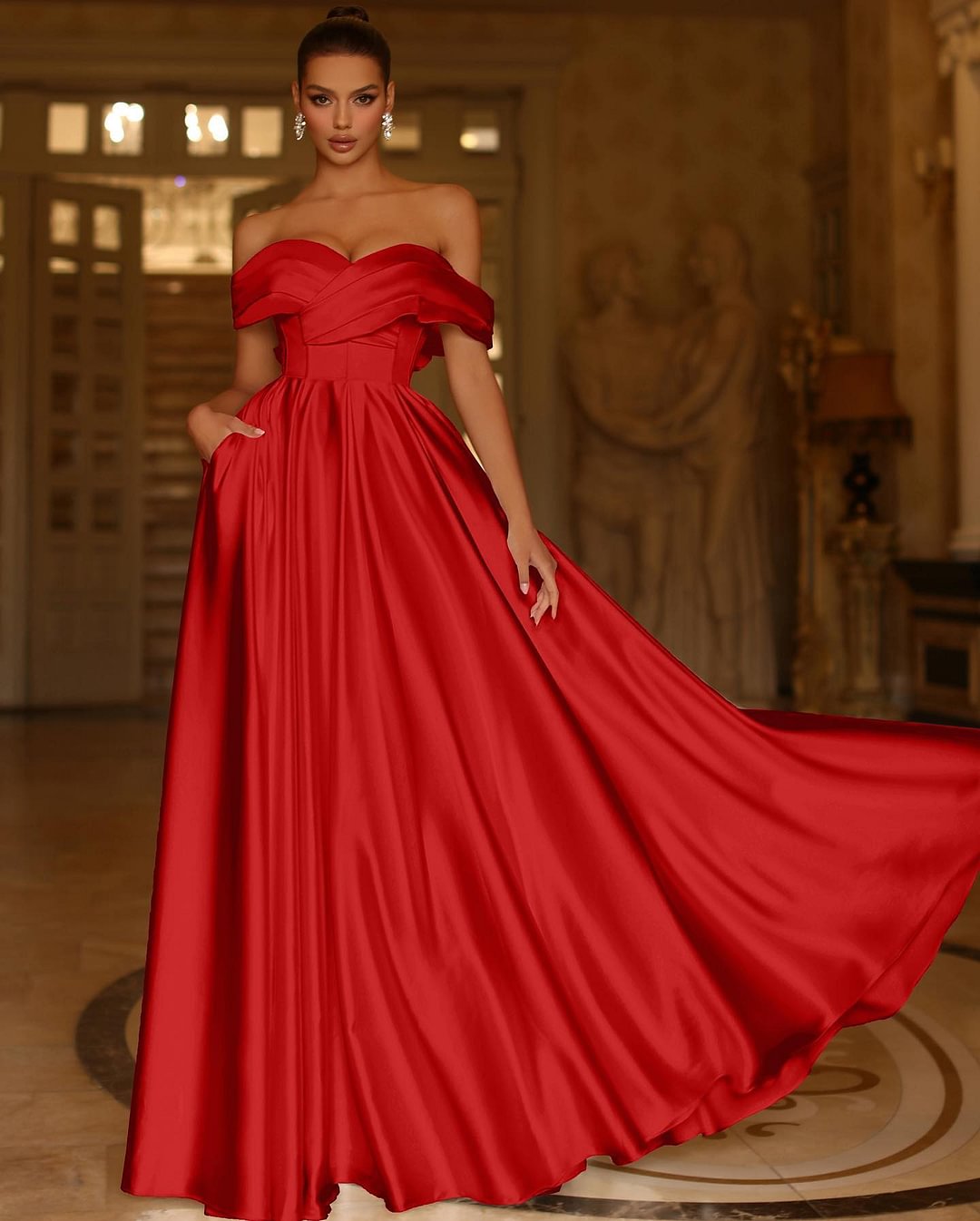 Daisda Red Off-the-shoulder Strapless Sleeveless A-line Graduation Evening Dress